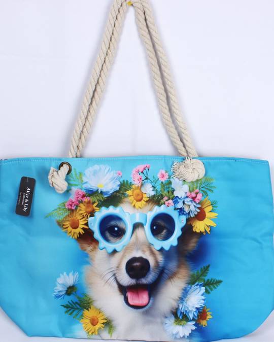 Dog design carry bag (55cm x 35cm high) with solid base, rope handles & zip top. Style: AL/5125.
